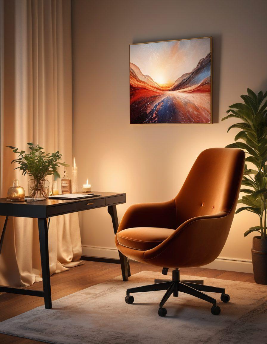 A sleek, modern desktop workspace featuring a glowing screen displaying abstract sensual art. A plush velvet chair invites relaxation, surrounded by soft candlelight casting warm shadows. Elegant adult-themed decor adds sophistication, while a bottle of luxurious massage oil rests nearby. Include hints of greenery for a relaxed atmosphere. super-realistic. warm tones. intimate lighting.